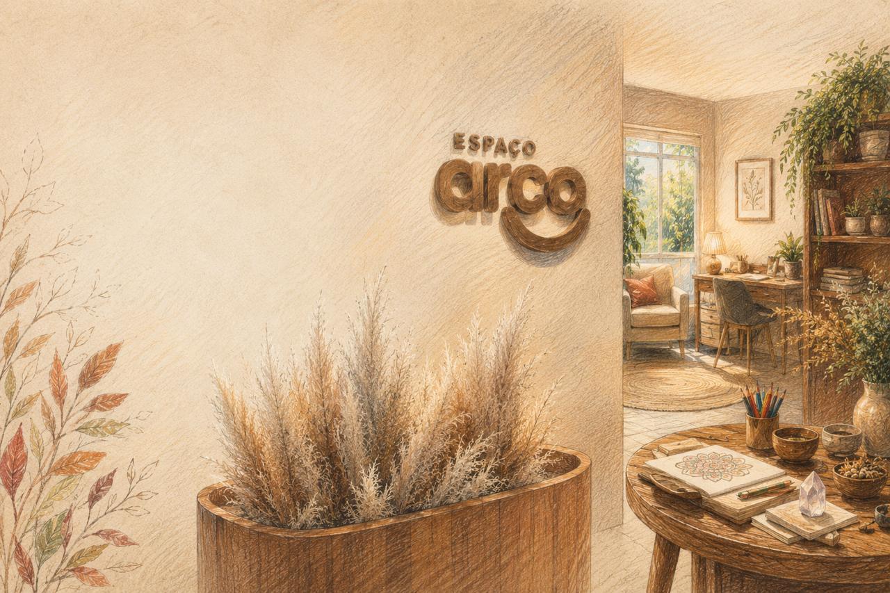 Ilustração da sala do Espaço Arco, com o letreiro na parede, o capim e a mesa de atendimento